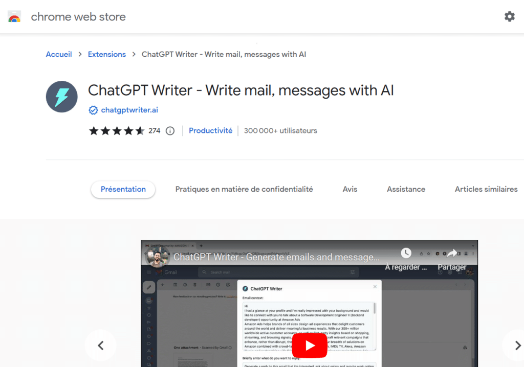 Extensions Google pour ChatGPT ChatGPT Writer 